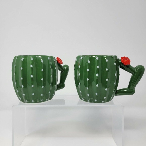 Cactus Ceramic Mugs Green White Red Flower Set of 2 - Picture 12 of 12